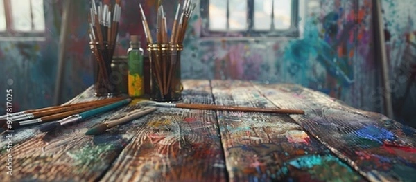 Obraz workspace on a table featuring pencils and paintbrushes. Copy space image. Place for adding text and design