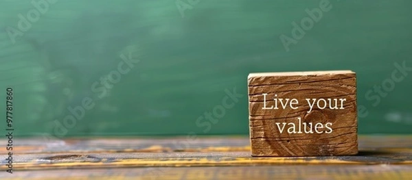 Obraz Message Live your values inscribed on a wooden block against a green background Conceptual symbol for living your values Copyspace