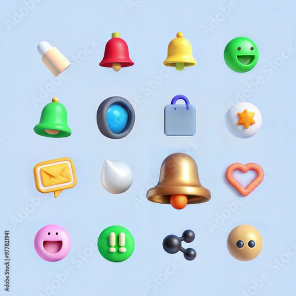 Fototapeta 3D Icon Set Featuring Bells, Emojis, and Communication Symbols in Modern, Simple Design