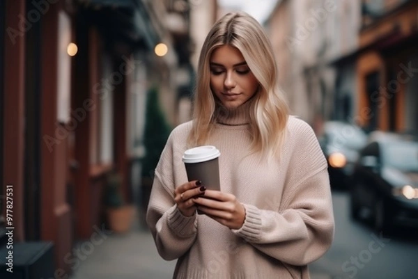 Fototapeta The young woman, dressed in a cozy sweater, holds a warm drink close to her while walking down a charming street filled with beautiful architecture, enjoying the moment