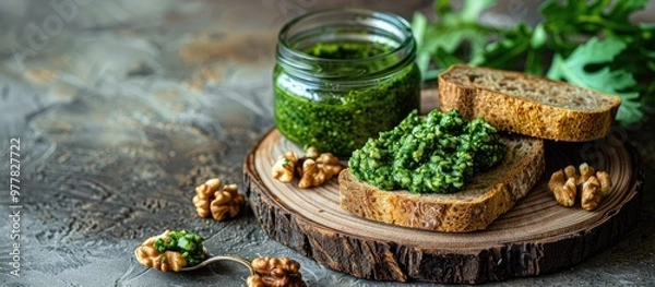 Fototapeta Arugula pesto with walnuts Pesto sandwich on a wooden plate alongside a jar of pesto Healthy breakfast Vegetarian dish Selective focus copy space close up rustic Keto diet Vertical image