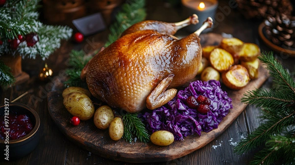 Fototapeta A golden roasted goose served on a Christmas table with sides of red cabbage roasted potatoes and cranberry sauce.
