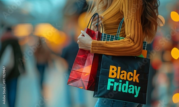 Fototapeta ''Black Friday'' images showing big sales in the shopping malls and happy girl holding many bags and packs written Black Friday sales