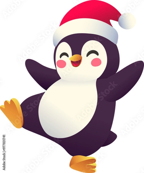 Fototapeta Joyful Penguin Dancing in Santa Hat (Gradient Color Style)