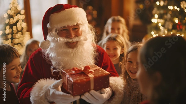 Obraz A person dressed as Santa Claus handing out Christmas gifts to a group of smiling children in a warmly decorated room.