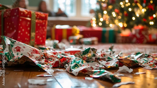 Fototapeta A pile of opened Christmas gifts and torn wrapping paper scattered across the floor with smiling faces in the background.