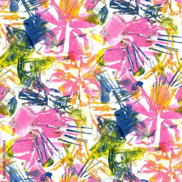 Fototapeta Colorful background with red flowers, acrylic painting. Seamless pattern. Hand-drawn illustration.