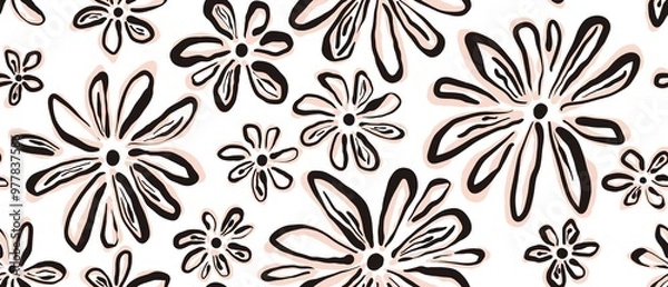 Fototapeta Seamless abstract botanical pattern. Simple background with black, beige, white texture. Digital brush strokes. Flowers. Design for textile fabrics, wrapping paper, background, wallpaper, cover.