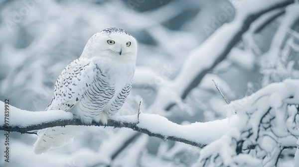 Fototapeta A snowy owl perched on a snow-covered branch its white feathers blending with the frosty surroundings.