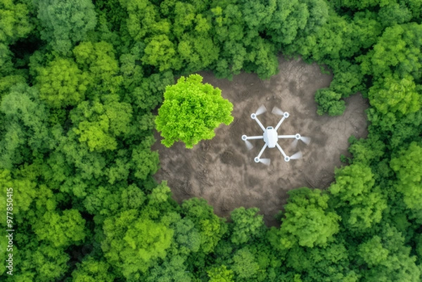 Fototapeta Aerial view of a drone planting trees in a forest, symbolizing reforestation and environmental conservation through advanced technology