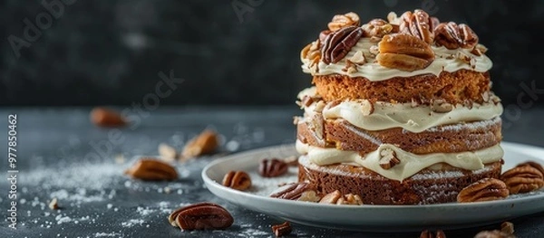 Fototapeta Close up food photography of a homemade sponge coffee cake topped with buttercream or frosting and pecan nuts served on a white plate against a dark background with space. Copy space image