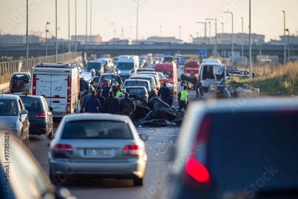 Fototapeta Traffic collision on italian highway  multiple vehicles involved, emergency services responding