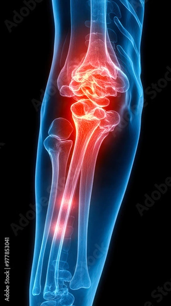 Fototapeta X-ray of Human Elbow Joint with Red Highlight on Painful Area, Arthritis or Injury Concept, Medical Diagnostic Image for Research and Healthcare