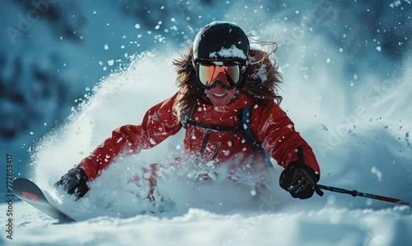 Fototapeta A woman skier carving on the snow. Low angle view