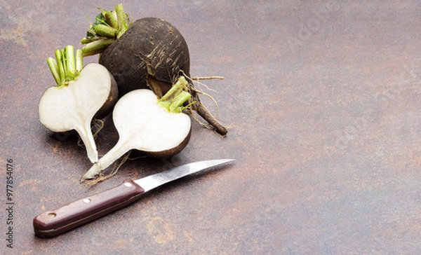 Obraz Fresh sliced black radish on a dark background.