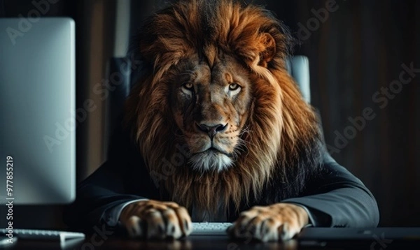 Obraz Lion as an executive; the lion is wearing a suit and is sitting in front of the computer in the office, looking directly to the viewer