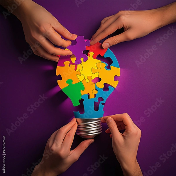 Fototapeta Hands holding a puzzle lightbulb symbolizing creativity and innovation