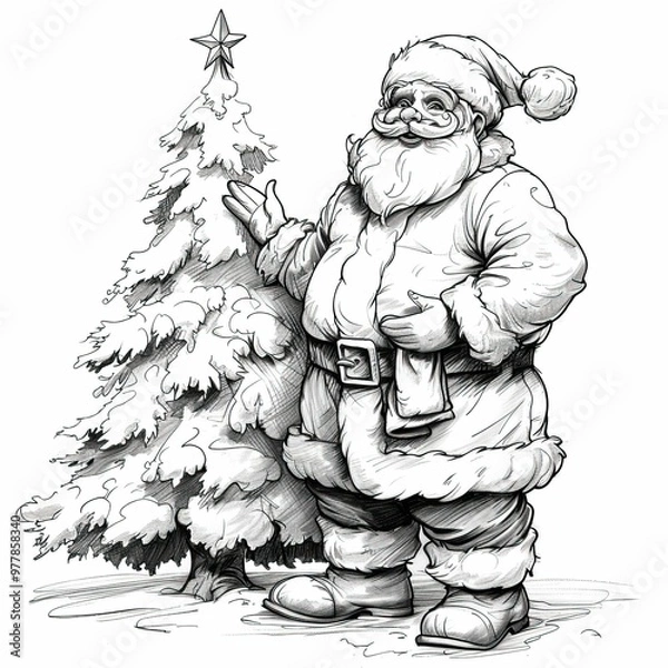 Fototapeta 
coloring book santa claus near Christmas tree with presents