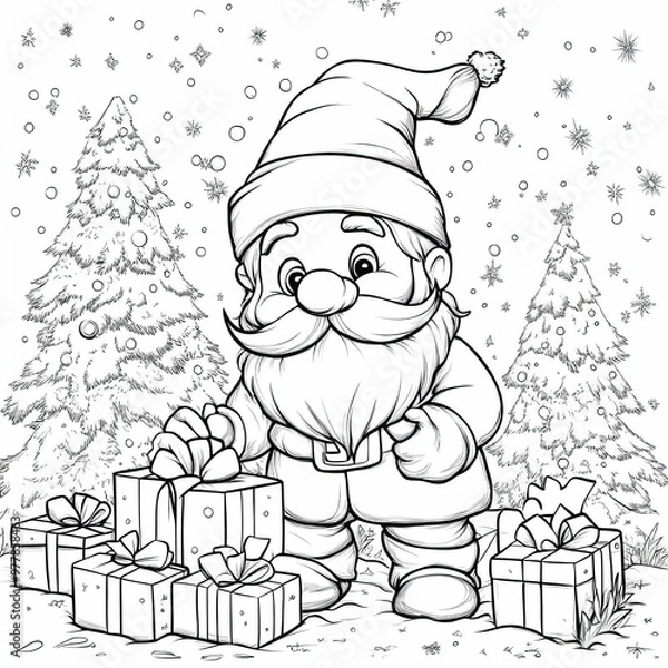 Fototapeta coloring book cute gnome near Christmas tree with presents