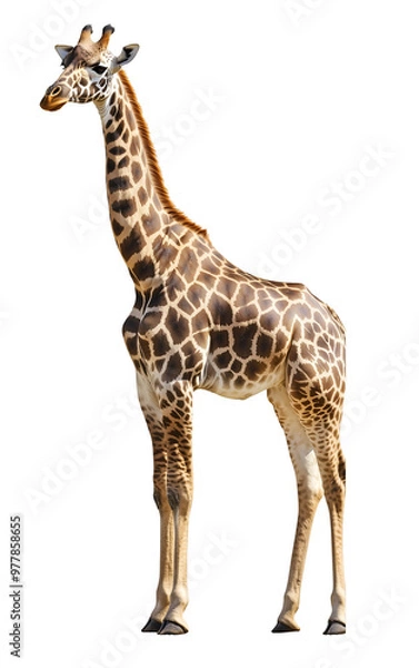 Fototapeta Giraffe Standing Tall on White Background Displaying Long Neck and Distinctive Patterned Coat, Cutout, Isolated on White Background