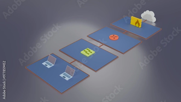 Obraz 3d rendering, diagram of a typical basic computer network with router and network switch, firewall