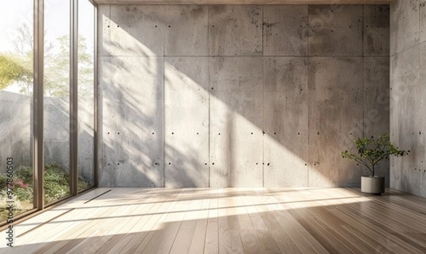 Obraz Concrete walls modern work office, wooden deck in a clean and bright environment
