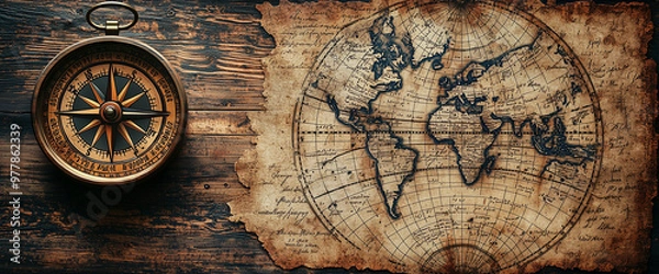 Fototapeta Old vintage nautical compass and map background banner with a grunge effect, faded elements, antique weathered style, ancient world map, old writing