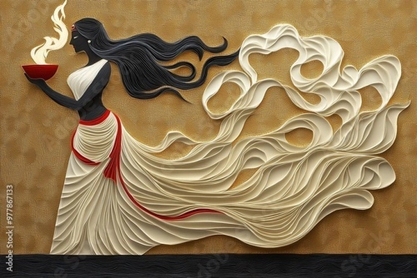 Fototapeta Minimalist Durga Puja Banner with Paper-Cut Dhunuchi Dance Figure on Textured Golden Background