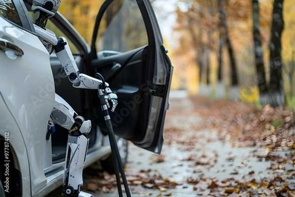 Fototapeta Close-up Of A Disabled Robot With Crutches Opening Door Of A Car