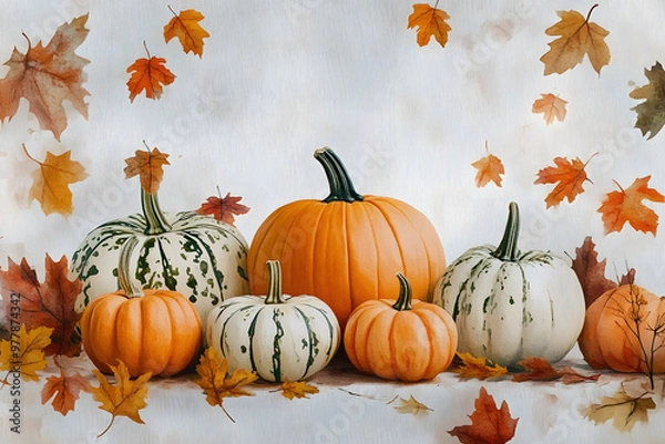 Fototapeta A watercolor painting of pumpkins and leaves with a fall theme