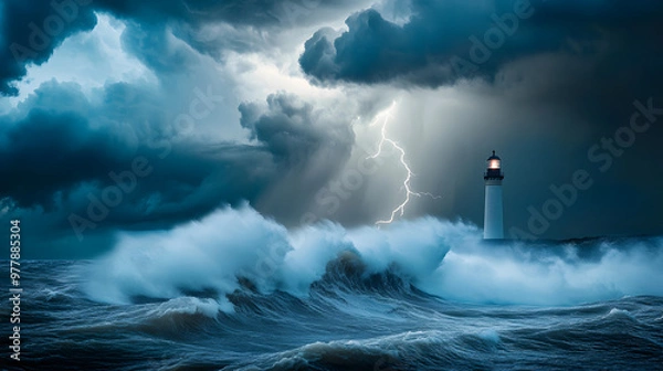 Fototapeta A powerful storm rolling across the open ocean with towering waves crashing against a distant lighthouse and lightning splitting the sky.