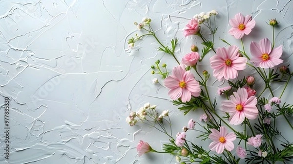 Obraz Minimalist floral arrangement with pink and white flowers on textured background, ideal for banners, marketing materials, or backgrounds with copyspace for text
