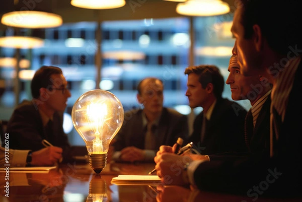 Fototapeta Business meeting with illuminated light bulb as a symbol of innovative ideas in a modern office environment
