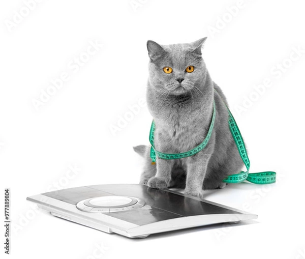 Fototapeta British cat in a measuring tape on a white background, weight control