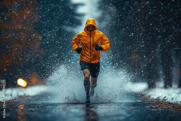 Fototapeta A marathon runner training in all weather conditions, preparing for the big race. Concept of relentless effort and commitment leading to athletic success.