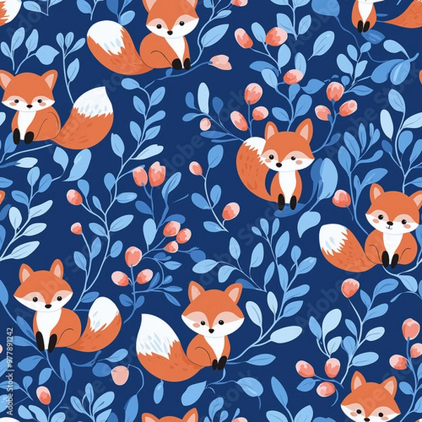 Fototapeta Tiny foxes - seamless pattern with simple flat design with blue background