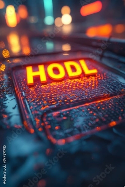 Fototapeta Illuminated 'HODL' Sign Reflecting on Rainy Streets: A Symbol of Cryptocurrency Resilience