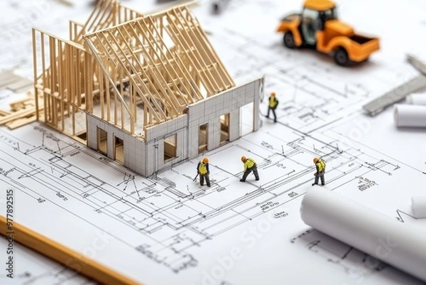 Fototapeta Blueprints of a construction project featuring miniatures, tools, and architectural design elements