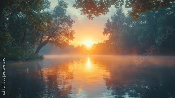 Obraz A serene sunrise over a calm lake, with reflections of trees and a golden horizon perfect for inspirational content, nature blogs, and motivational backgrounds,