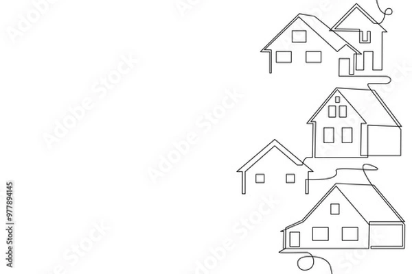 Fototapeta Houses in continuous line drawing style. Home minimalistic poster. Icon with private property isolated on white background. Vector illustration.