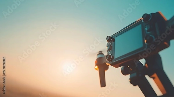 Fototapeta  A high-performance drone controller with a display screen, with an empty sky in the background