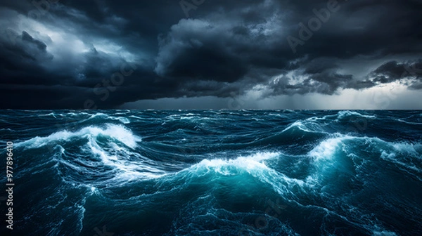 Obraz A stormy evening at sea with turbulent waves reflecting the fading light dark clouds thickening in the distance as the storm approaches.