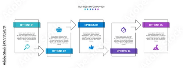 Fototapeta Horizontal progress bar featuring 5 arrow-shaped elements, symbolizing the five stages of business strategy and progression. Clean timeline infographic design template. Vector for presentation