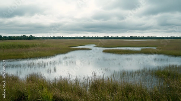 Obraz A vast wetland with pools of water and scattered patches of tall grass under an overcast sky.