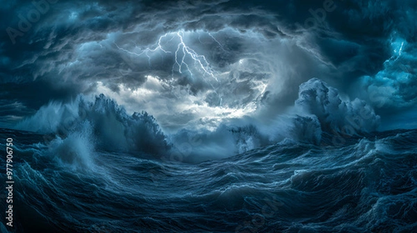 Fototapeta A violent hurricane over the open ocean with swirling clouds and towering waves crashing in every direction illuminated by flashes of lightning.