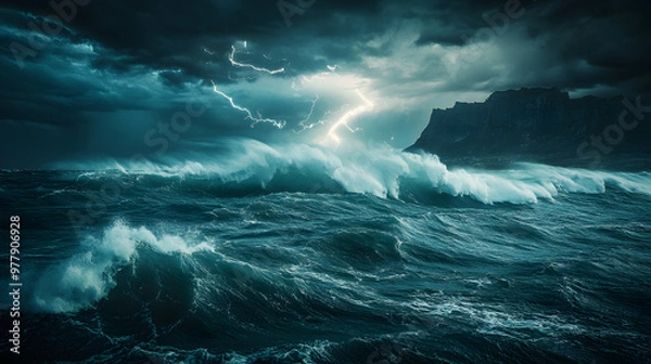 Obraz A violent ocean storm with massive waves crashing against jagged cliffs lightning illuminating the dark storm clouds above.