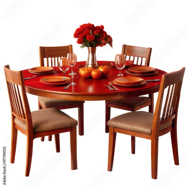 Fototapeta A Red Dining Table with Four Chairs and Red Flowers, Isolated on Transparent Background, PNG