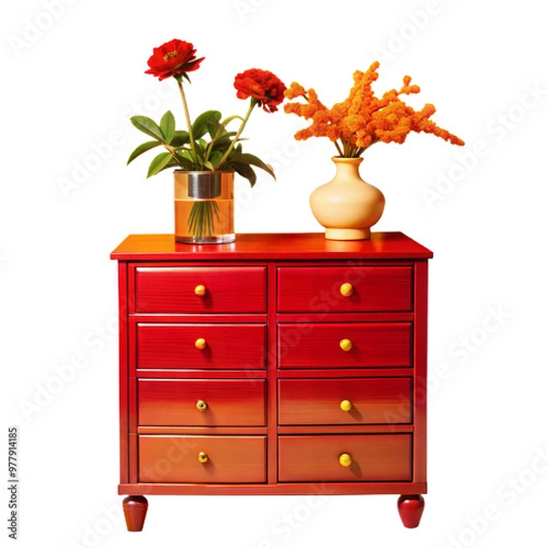 Fototapeta A Red Wood Dresser with Two Pots and Red and Orange Flowers, Isolated on Transparent Background, PNG