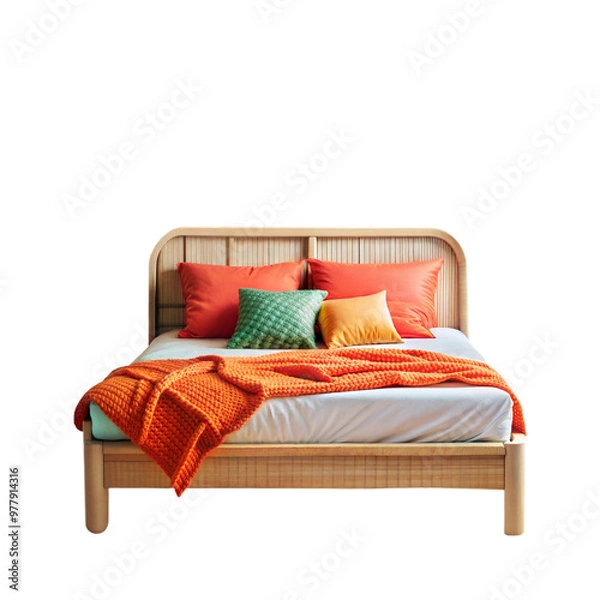Fototapeta A Wooden Bed with Colorful Bedding, Isolated on Transparent Background, PNG