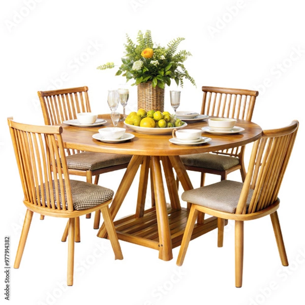 Fototapeta A Wooden Dining Table with Four Chairs, Isolated on Transparent Background, PNG